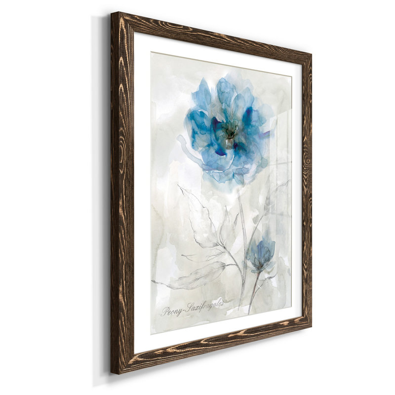 Pivoine bleue - Reproduction d'art sur papier encadrée, Noyer, H 37,5 po x l 27,5 po x P 1,5 po