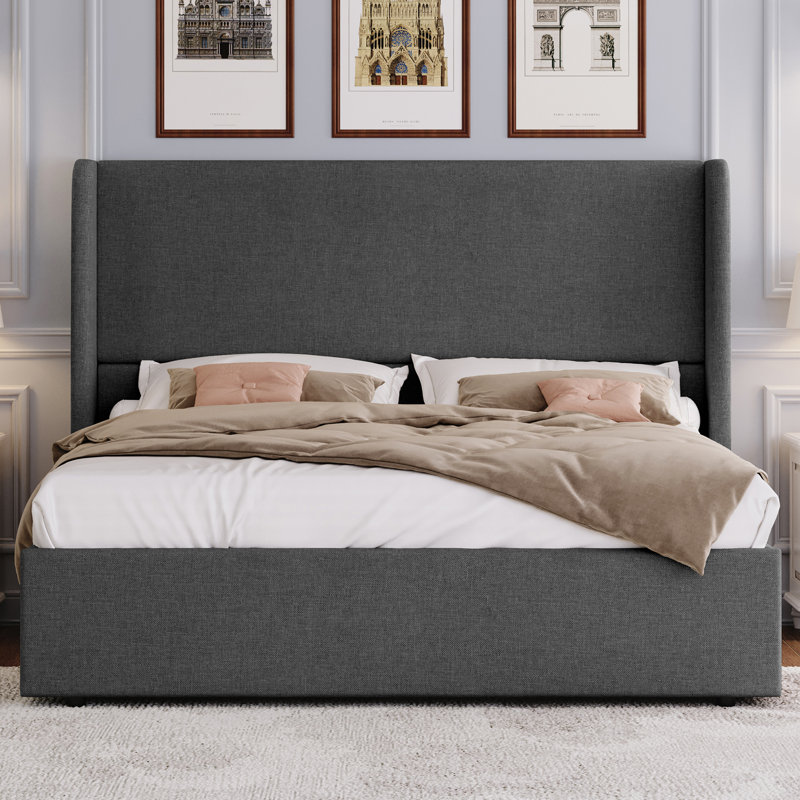 Craciunita Upholstered Wingback Storage Bed, Dark Gray