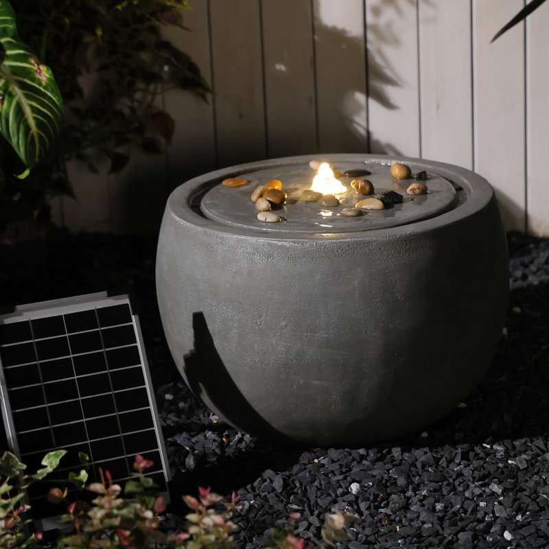 18" Solar Garden Bubbler Waterfall Fountain with LED Lights & Pump, Spherical Basin Fountain  for patio, deck & yard, Grey