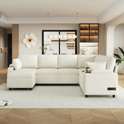 Canapé modulaire 109,9 po Canapé-lit polyvalent Canapé-lit en forme de U avec un grand espace de rangement, deux porte-gobelets et des ports de chargement pour le salon