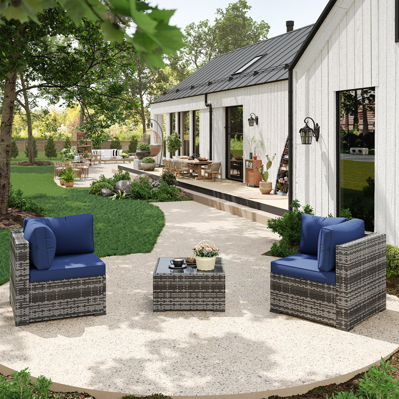3 -Person Rattan Patio Safo With Cushions, Gray, Dark Blue