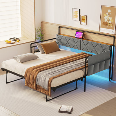 Daybed with Side Pocket&Charging Station, Pop-upTrundle with Upholstered Storage Headboard, LED Light, Metal Twin Sofa Bed for Living Room/Bedroom by Red Barrel Studio