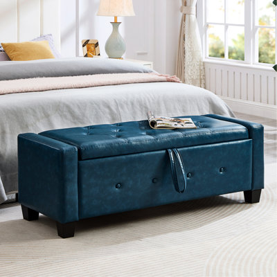 Bleu 48 po, similicuir PU, multi-usage dans la chambre à coucher, le salon, le banc à chaussures, le dessus spacieux, le banc rembourré en bois massif et en contreplaqué, l'eucalyptus