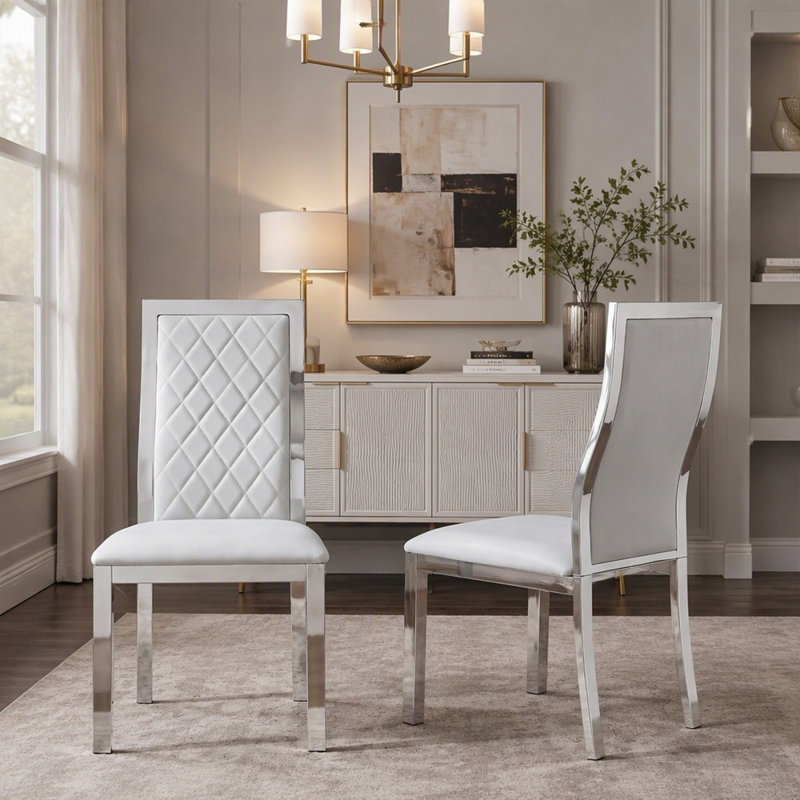 Ensemble de 2 chaises de salle à manger modernes, chaises de salle à manger en similicuir gris pâle avec structure chromée, chaises d'appoint rembourrées à dossier haut avec pieds réglables