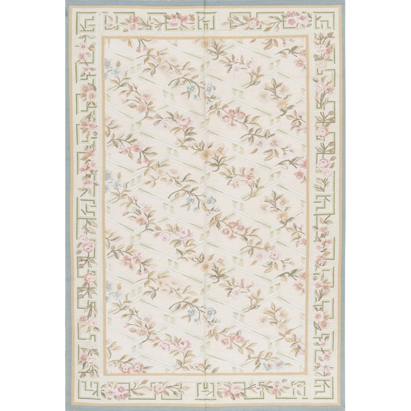 Hand-Knotted High-Quality Gray, Green, and Pink Area Rug