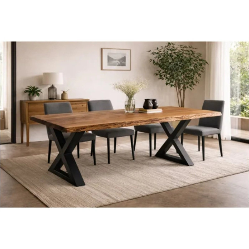 Table de salle à manger de 84 po en bois d'acacia massif avec base en métal noir