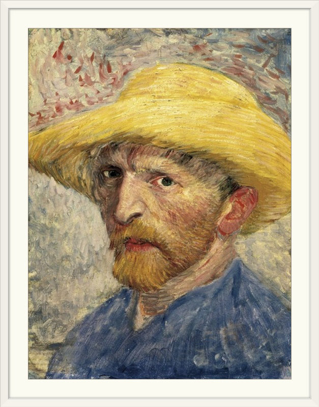 Autoportrait avec un chapeau de paille par Vincent Van Gogh - reproduction, H 32 po x l 26 po x P 1 po, Cadre blanc