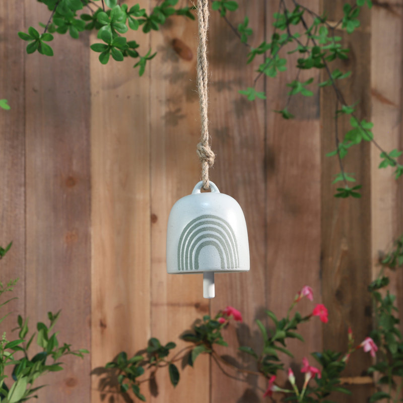 Stoneware Ceramic Windchime Bell with Textured Detail and Jute Hanger - Handcrafted Hanging Accent for Porch or Garden Decor - Single Decorative Ceramic Bell for Breezy Tones and Artful Style.