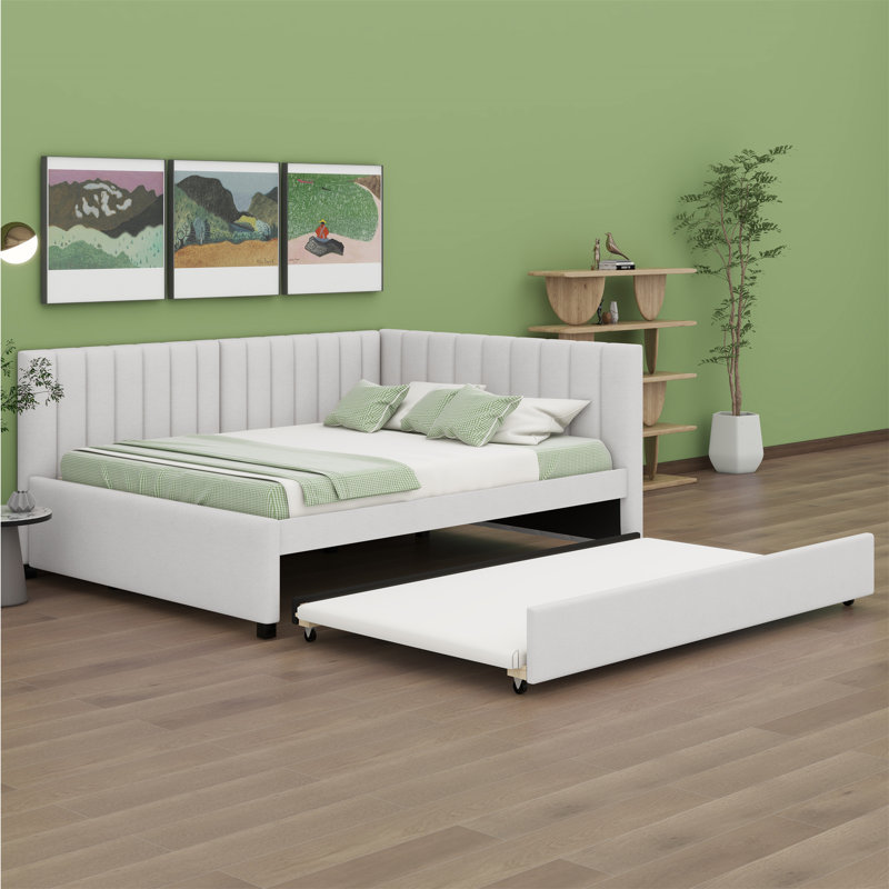 Upholstered Daybed with Trundle Sofa Bed Frame, Beige, Full
