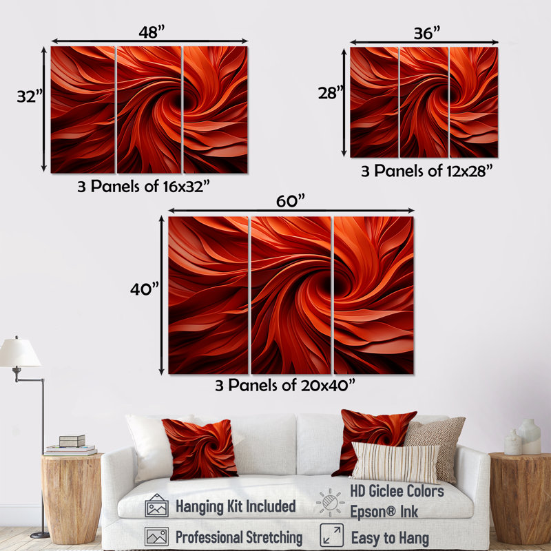 «Red Abstract Spiral Dreamscape I» - Art mural spirales abstraites, Toile tendue, H 28 po x l 36 po x P 1 po