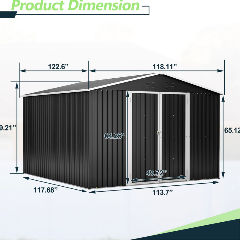 Remise extérieure en métal 10 x 10 pi avec portes verrouillables. Fabrication en acier galvanisé. Intérieur spacieux. Ventilé, imperméable. Noir Pour la pelouse et la cour, cadre en acier de patio. Ventilation imperméable