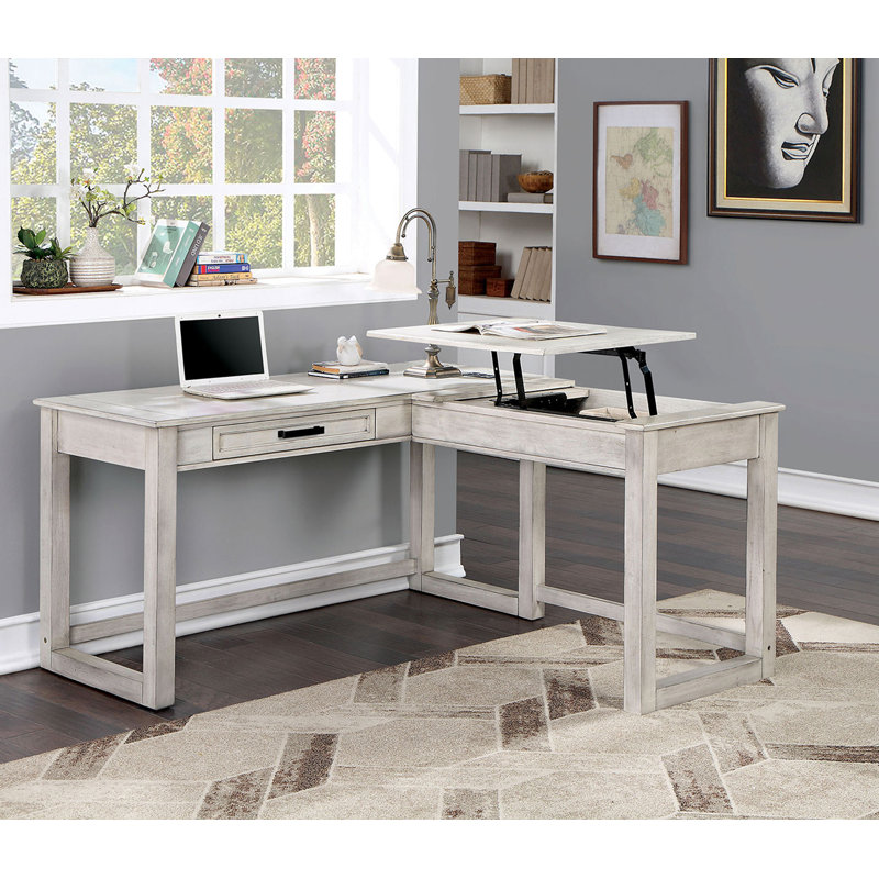 Transitional Computer Desk Antique White, USB Port Lift Top Design And Dovetail Drawer
