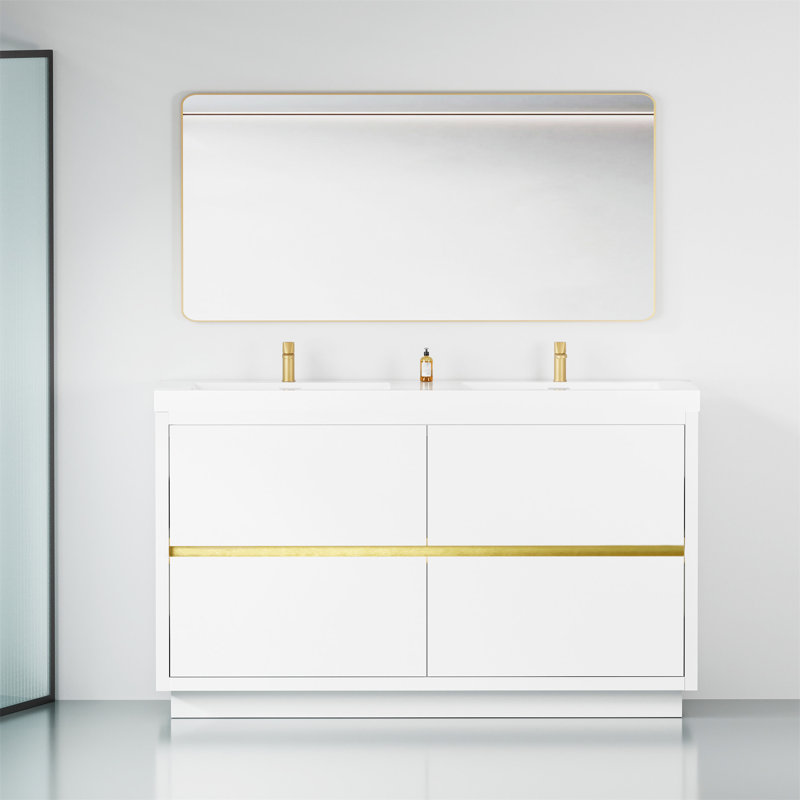 Meuble-lavabo autoportant 60 po avec double lavabo en résine et tiroir, Blanc brillant