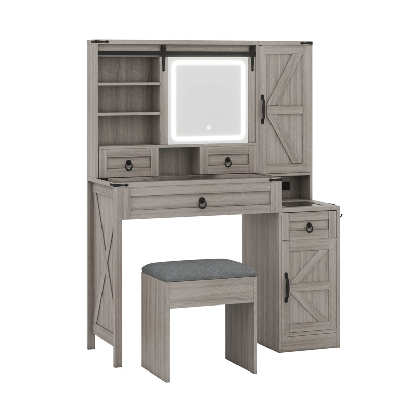 Bureau de maquillage de ferme avec station de charge, bureau de coiffeuse avec miroir lumineux et tiroirs, Gris