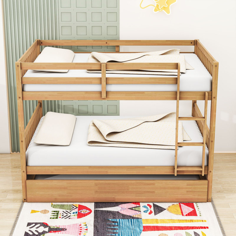 Full Over Full Wood Bunk Bed With Twin Trundle, Ladder And Guardrails, White Oak