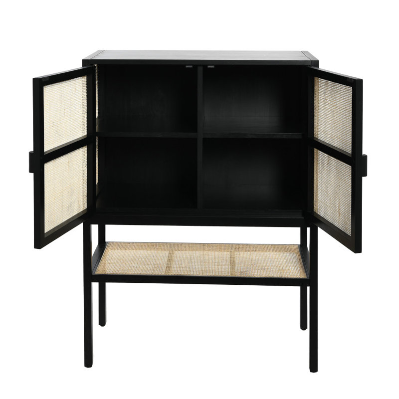 Armoire Boho en rotin et bois tissé avec 2 portes, 1 tablette et 4 compartiments de rangement intérieurs, Noir