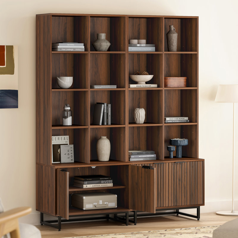 Bibliothèque à 4 niveaux H 70,9 po x l 28,34 po avec armoire de rangement (ensemble de 2), Brun
