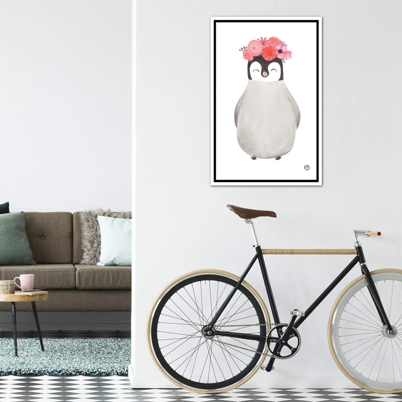 Art pingouin, H 48 po x l 32 po x P 1,5 po, Toile blanche encadrée
