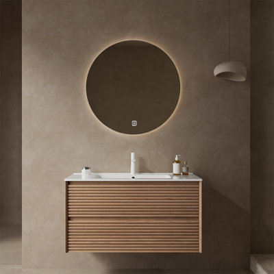 Meuble-lavabo mural 36 po avec lavabo Chavira, conception moderne en contreplaqué flottant, deux tiroirs, finition noyer naturel