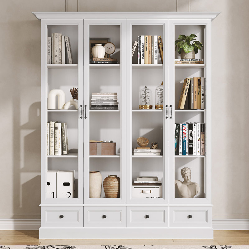 78” Tall Bookcase with 8 Shelves & 4 Drawers, Pantry Cabinet with Glass Doors, White, White