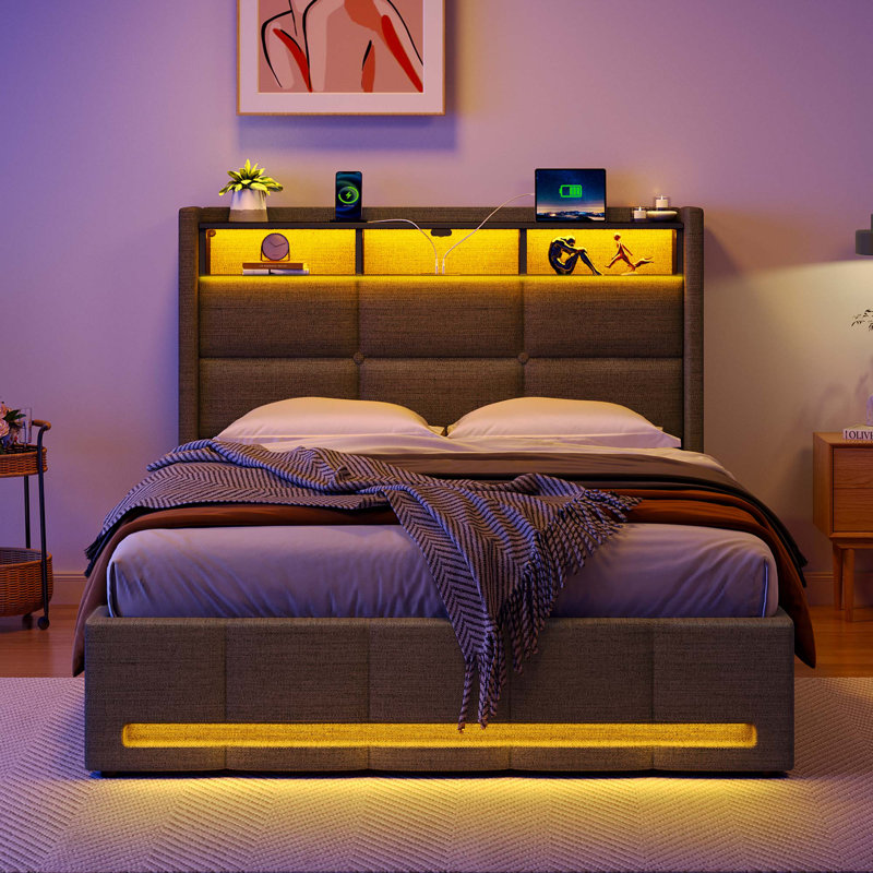 Lit tapissier avec rangement Jilissa, gris, Simple / 1 place