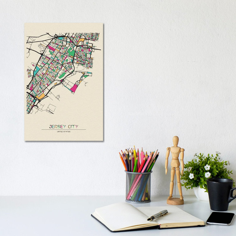Jersey City, New Jersey Map by Ayse Deniz Akerman - Wrapped Canvas Gallery-Wrapped Canvas Giclée, 20.32 cm H x 30.48 cm W