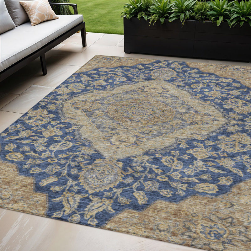 Tapis extérieur lavable d'intérieur bleu marine beige et brun 5 pi x 8 pi