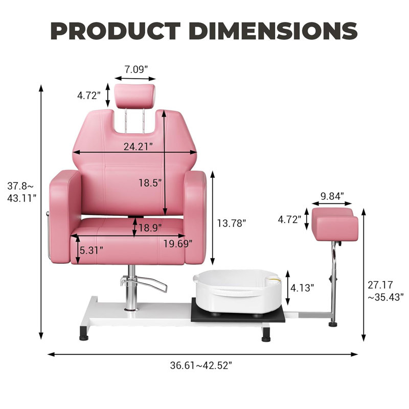 Fauteuil de pédicure inclinable avec tabouret, repose-pieds et repose-pieds de massage, Rose