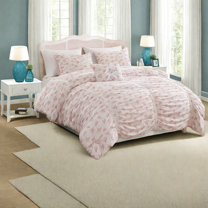 Ensemble de literie rose pour lit simple/simple XL, couette en microfibre, chambre à coucher à motif floral romantique
