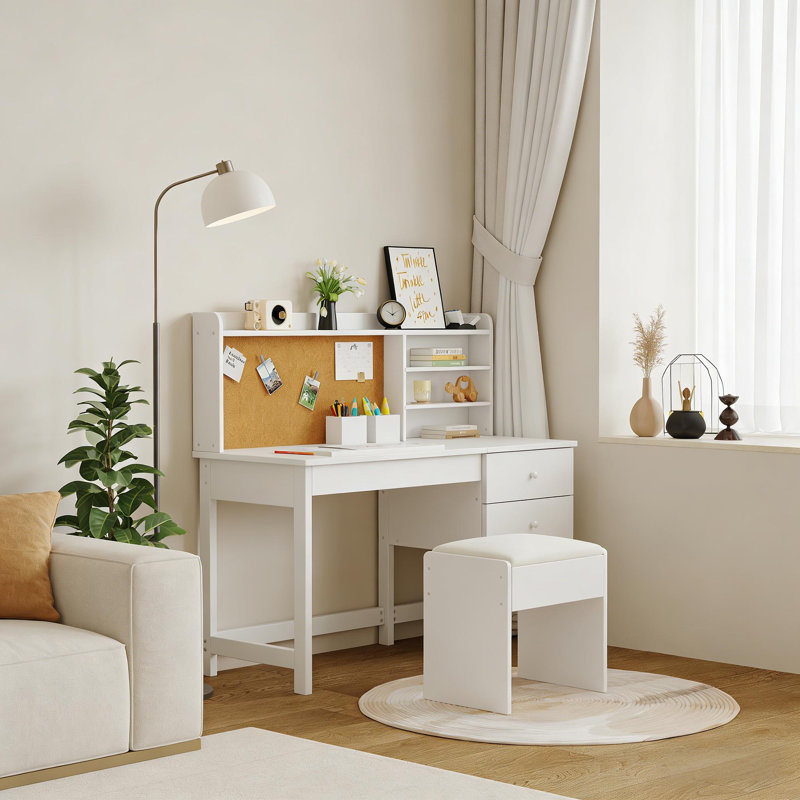 Kids Desk and Chair Set with Storage Drawers for Bedroom or Living Room, White