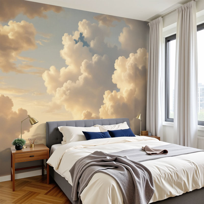 Papier peint adhésif Boho Golden Cumulus Clouds Soft Sunset Sky Warm Light Dreamy Wall Wallals, L 144 po x l 100 po