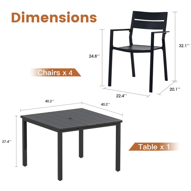 Ensemble de salle à manger de patio avec table carrée en métal et 4 chaises avec accoudoirs empilables en métal
