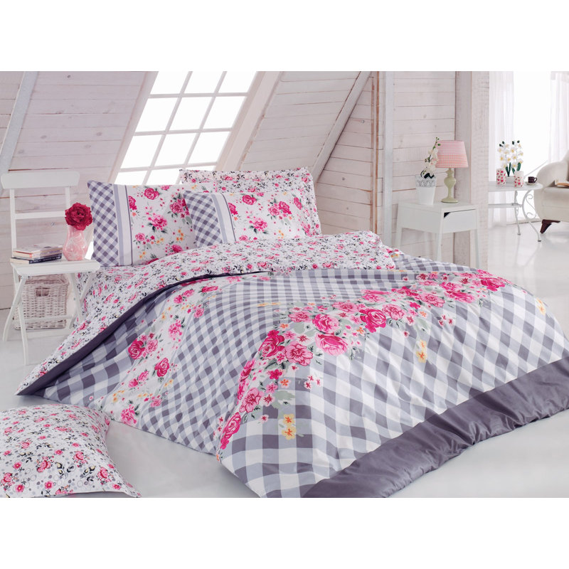 Ensemble de housse de couette 100% coton rose / gris Mendon, Housse de couette double + 2 taies d'oreiller stan