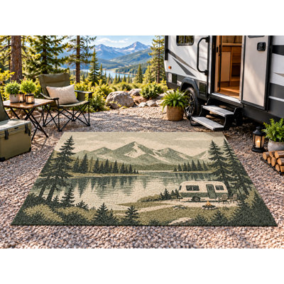 5' x 7' Outdoor Area Rug Camper Canoe Mountain Lake Heavyweight Solid Waterproof PVC Coil Loop Carpet, Patio Rug Quick Dry Large Doormat Porch Balcony Entryway RV Camping
