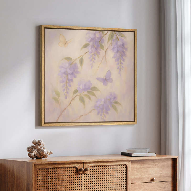 Framed Canvas Wall Art - Wisteria Butterfly Floral Wall Prints for Bedroom -  24"x24", 24" H x 24" W, Natural