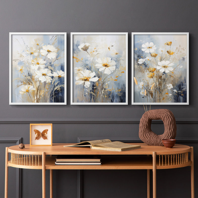 Floral Study Series XCV -Set de 3 estampes numériques giclées -Prêt à accrocher, Cadre blanc, H 28 po x l 22 po