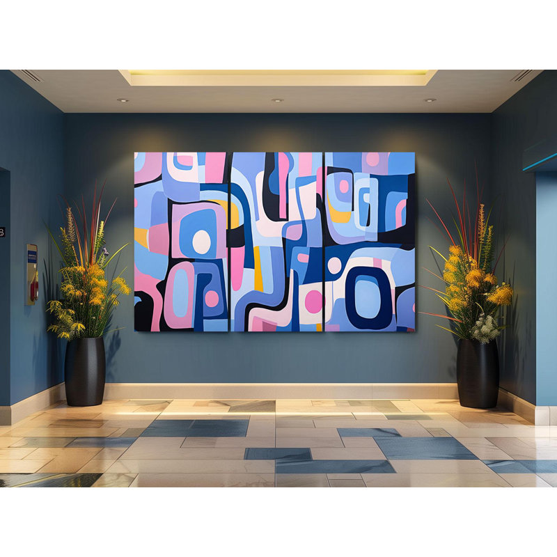 «Triptych», art mural moderne sur toile, peinture géométrique bleue et rose - grande décoration murale contemporaine, reproduction artistique audacieuse