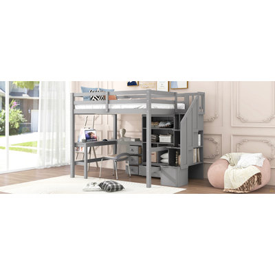 Full Size Loft Bed with L-Shaped Desk and Drawers, Cabinet and Storage Staircase, Gray