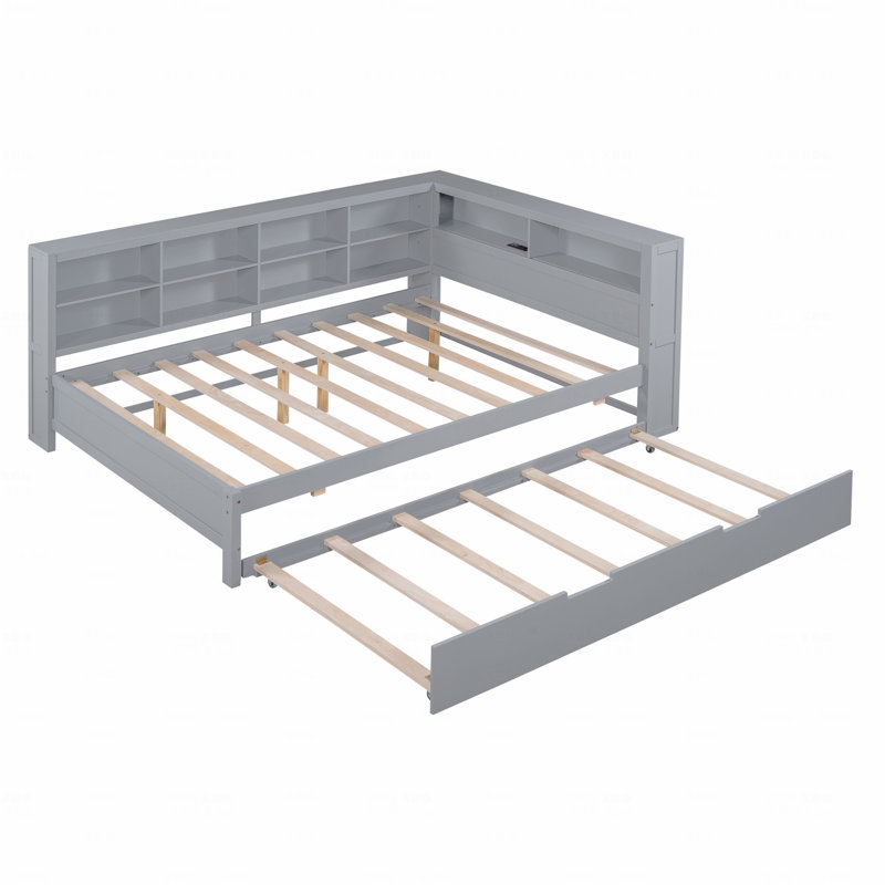 Lit de jour double en bois avec lit gigogne simple, lit de jour avec tablette de rangement et ports de chargement USB, Gris