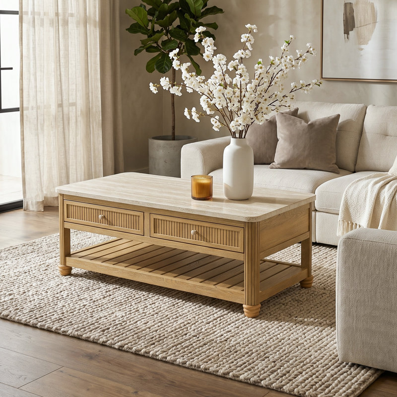 Table basse de rangement COLAMY VERSE 47,2 po avec 2 tiroirs et une tablette ouverte