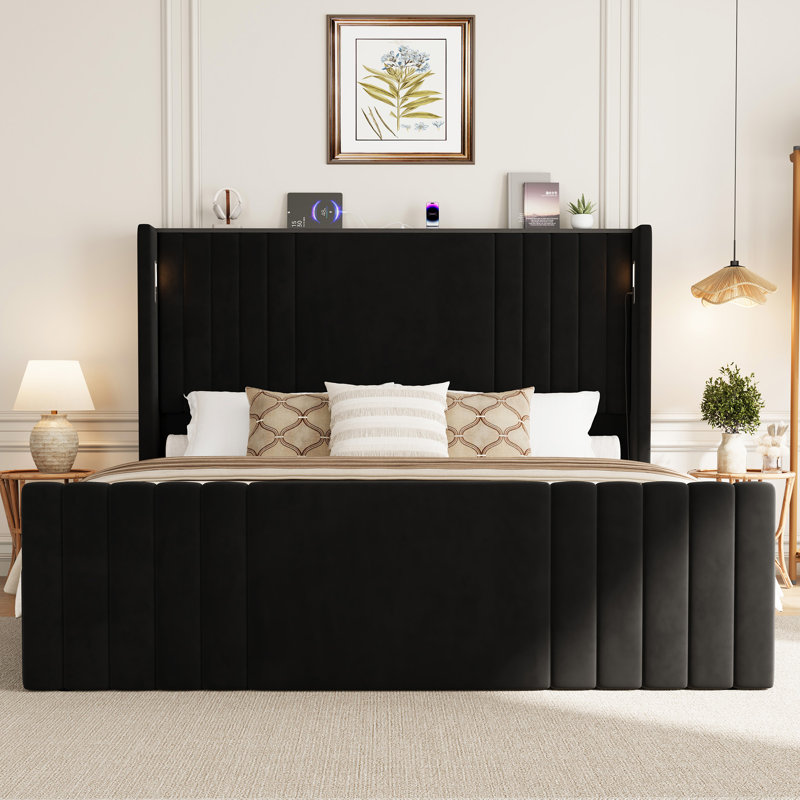 Velvet Upholstered Wingback Platform Bed, Black, Queen