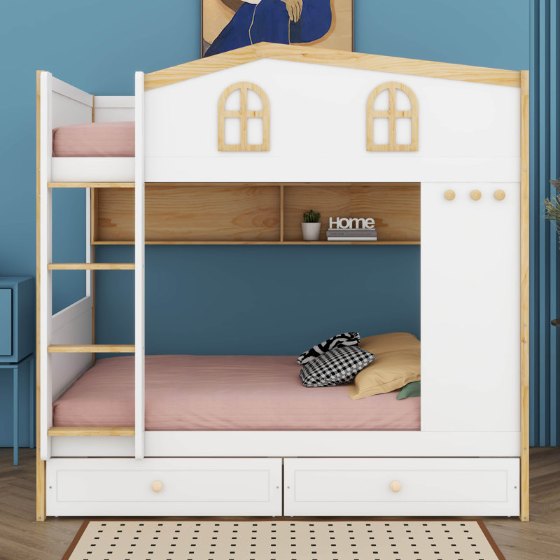 Lit superposé avec garde-corps en forme de maison et tablettes de rangement intégrées, cadre de lit superposé en bois massif avec tiroirs et crochets