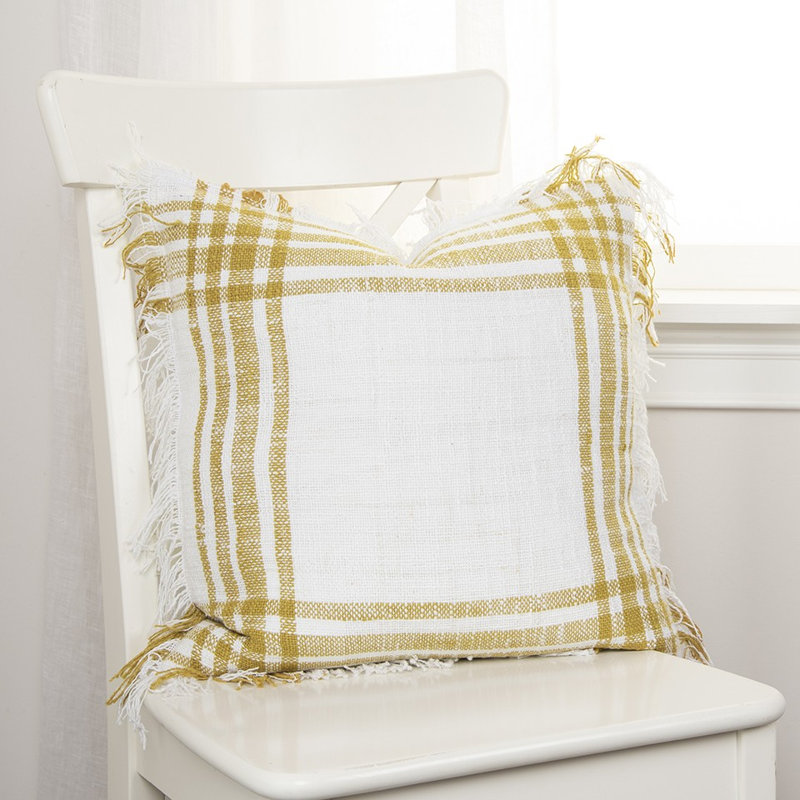 White Red Open Plaid Textured Throw Pillow, White/Gold