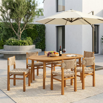Capri Patio 7-Piece Acacia Wood Dining Set With Handwoven Wicker