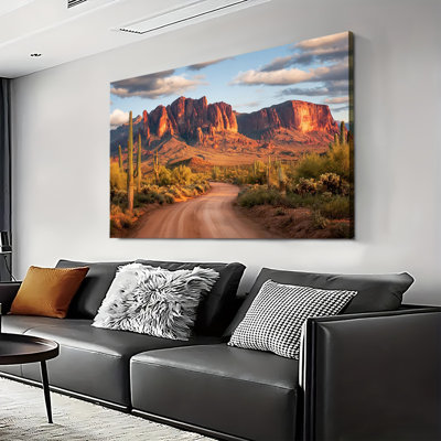 Western Desert Cactus Botanical Mountain Abstract Landscape Artwork, Large Gallery Wrapped Canvas Wall Art Print for Living Room & Bedroom