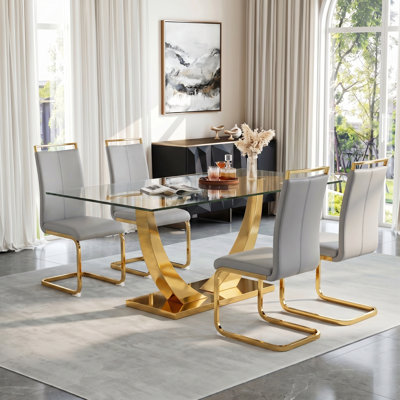 5-Piece Modern Rectangular Tempered Glass Dining Set with Metal Base and Faux Leather Cantilever Chairs