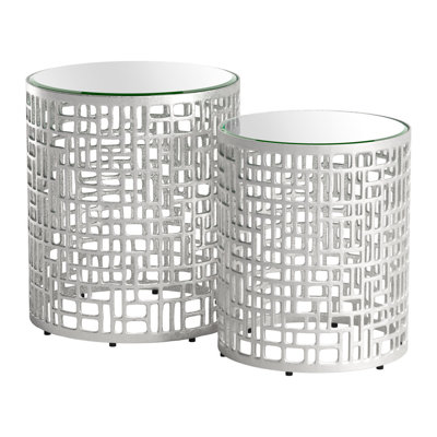  Glam Set of Two Silver Mirrored Glass Round End Tables