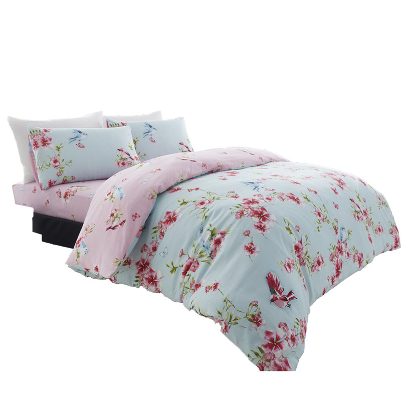 Birdie Blossom 144 TC Modern & Contemporary Duvet Cover Set, Blue, King