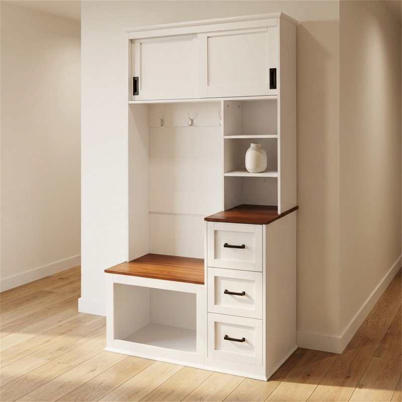 40.2-inch Entryway Bench With Coat Rack, Featuring 3 Shelves And Drawers, Plus A Wide Storage Bench With 3 Sturdy Hooks. Ideal For Hallways, Entryways, And Living Rooms.
