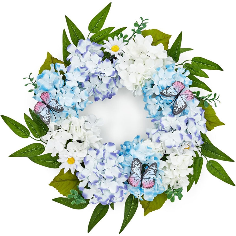 Couronne de printemps artificielle de 20 po pour la porte d'entrée, couronne d'hortensia bleue et blanche avec papillon et marguerite, couronne florale de Pâques pour le porche, le mur, le mariage et le décor de ferme